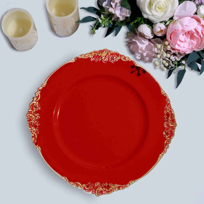 6-Pack Acrylic Charger Plates 13" Round Red with Gold Embossed Baroque Rim - Antique Decorative Dinner Tableware