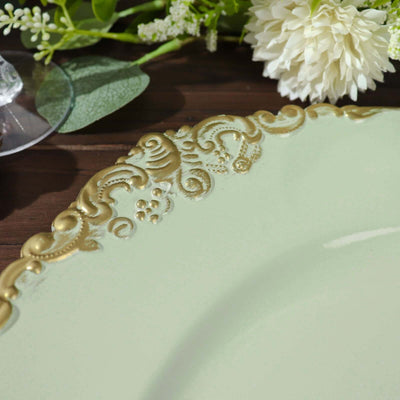 6-Pack Acrylic Charger Plates 13" Round Sage Green with Gold Embossed Baroque Rim - Antique Decorative Dinner Tableware