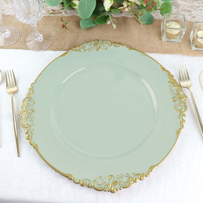 6-Pack Acrylic Charger Plates 13" Round Sage Green with Gold Embossed Baroque Rim - Antique Decorative Dinner Tableware