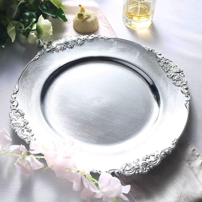 6-Pack Acrylic Charger Plates 13" Round Silver Embossed Baroque Rim - Antique Decorative Dinner Tableware