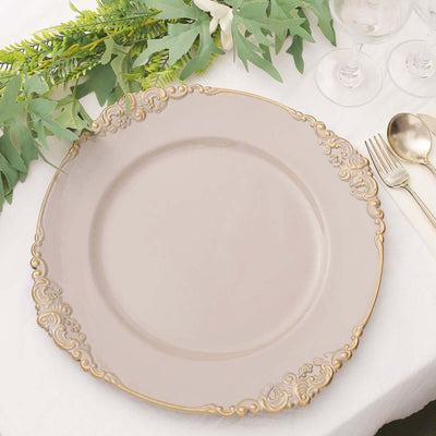 6-Pack Acrylic Charger Plates 13" Round Nude Taupe with Gold Embossed Baroque Rim - Antique Decorative Dinner Tableware