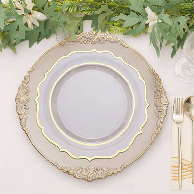 6-Pack Acrylic Charger Plates 13" Round Nude Taupe with Gold Embossed Baroque Rim - Antique Decorative Dinner Tableware