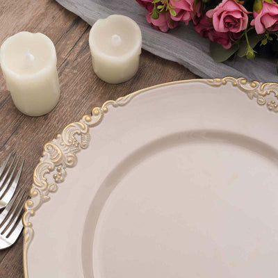 6-Pack Acrylic Charger Plates 13" Round Nude Taupe with Gold Embossed Baroque Rim - Antique Decorative Dinner Tableware