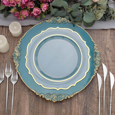 6-Pack Acrylic Charger Plates 13" Round Peacock Teal with Gold Embossed Baroque Rim - Antique Decorative Dinner Tableware