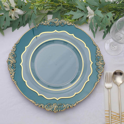 6-Pack Acrylic Charger Plates 13" Round Peacock Teal with Gold Embossed Baroque Rim - Antique Decorative Dinner Tableware