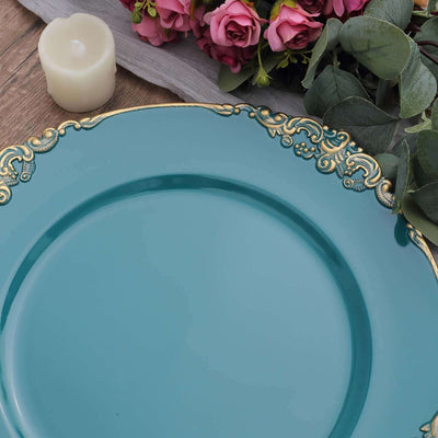 6-Pack Acrylic Charger Plates 13" Round Peacock Teal with Gold Embossed Baroque Rim - Antique Decorative Dinner Tableware