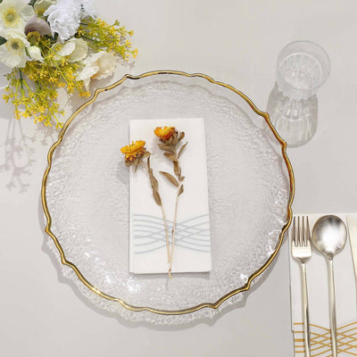 8-Pack Glass Charger Plates 13" Round Clear Gold Sunflower Scalloped Rim - Decorative Dinner Chargers