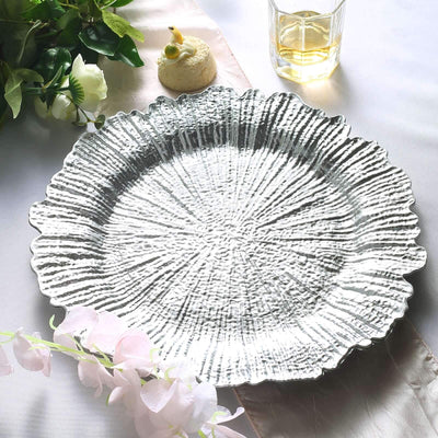6-Pack Acrylic Plastic Charger Plates 13" Round Silver Reef Design - Decorative Dinner Charger Tableware