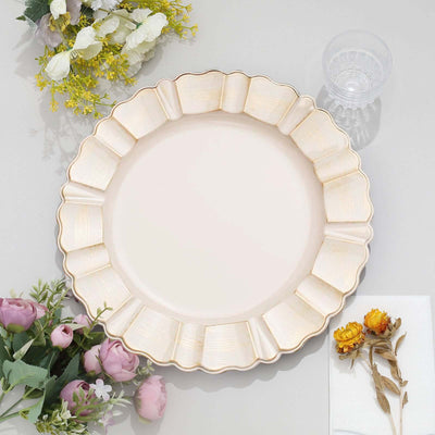 6-Pack Acrylic Plastic Charger Plates 13" Round Beige with Gold Brushed Wavy Scalloped Rim - Dinner Charger Tableware