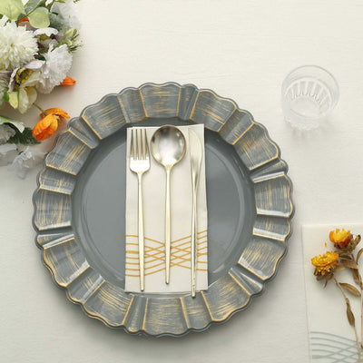 6-Pack Acrylic Plastic Charger Plates 13" Round Charcoal Gray with Gold Brushed Wavy Scalloped Rim - Dinner Charger Tableware