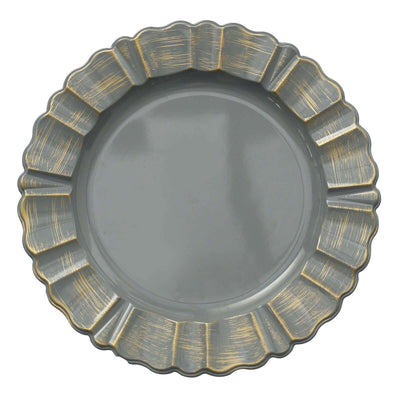 6-Pack Acrylic Plastic Charger Plates 13" Round Charcoal Gray with Gold Brushed Wavy Scalloped Rim - Dinner Charger Tableware