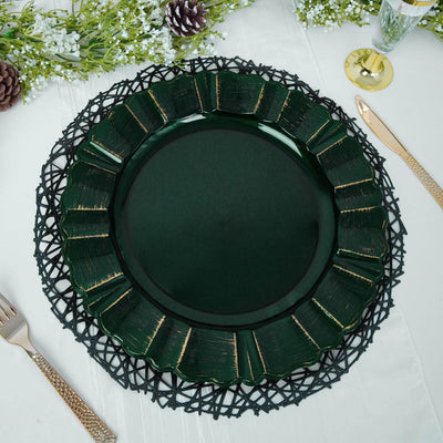 6-Pack Acrylic Plastic Charger Plates 13" Round Hunter Emerald Green with Gold Brushed Wavy Scalloped Rim - Dinner Charger Tableware