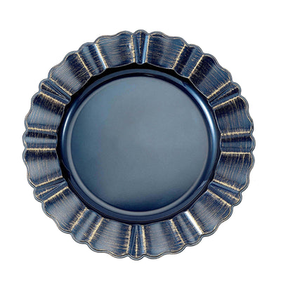 6-Pack Acrylic Plastic Charger Plates 13" Round Navy Blue with Gold Brushed Wavy Scalloped Rim - Dinner Charger Tableware
