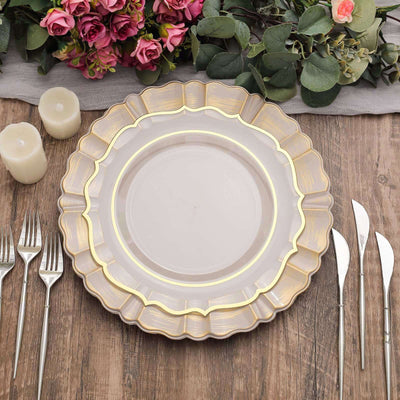 6-Pack Acrylic Plastic Charger Plates 13" Round Nude Taupe with Gold Brushed Wavy Scalloped Rim - Dinner Charger Tableware