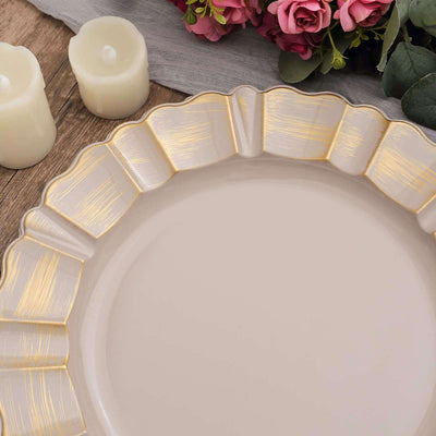 6-Pack Acrylic Plastic Charger Plates 13" Round Nude Taupe with Gold Brushed Wavy Scalloped Rim - Dinner Charger Tableware