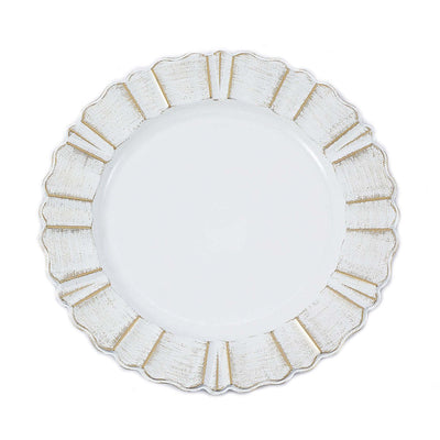 6-Pack Acrylic Plastic Charger Plates 13" Round White with Gold Brushed Wavy Scalloped Rim - Decorative Dinner Party Charger Tableware