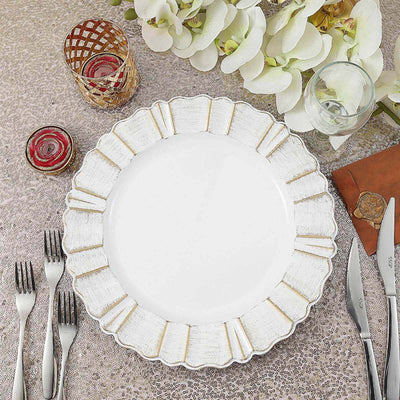 6-Pack Acrylic Plastic Charger Plates 13" Round White with Gold Brushed Wavy Scalloped Rim - Decorative Dinner Party Charger Tableware