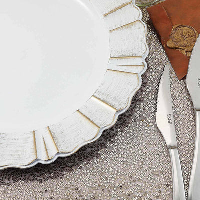 6-Pack Acrylic Plastic Charger Plates 13" Round White with Gold Brushed Wavy Scalloped Rim - Decorative Dinner Party Charger Tableware