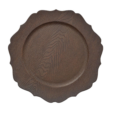 6-Pack Acrylic Charger Plates 13" Round Rustic Brown with Wood Grain Scalloped Rim - Dinner Charger Tableware