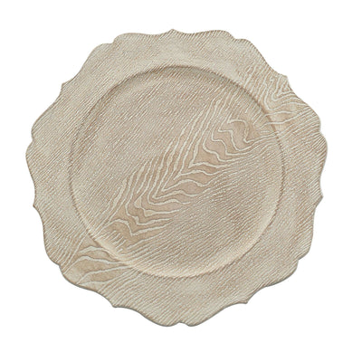6-Pack Acrylic Charger Plates 13" Round Rustic White with Wood Grain Scalloped Rim - Decorative Dinner Party Charger Tableware
