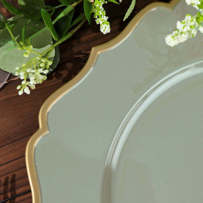 6-Pack Acrylic Charger Plates 13" Round Dusty Sage Green with Gold Scalloped Rim - Dinner Plastic Charger Tableware