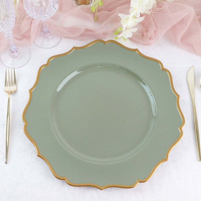 6-Pack Acrylic Charger Plates 13" Round Dusty Sage Green with Gold Scalloped Rim - Dinner Plastic Charger Tableware