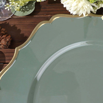 6-Pack Acrylic Charger Plates 13" Round Olive Green with Gold Scalloped Rim - Dinner Plastic Charger Tableware