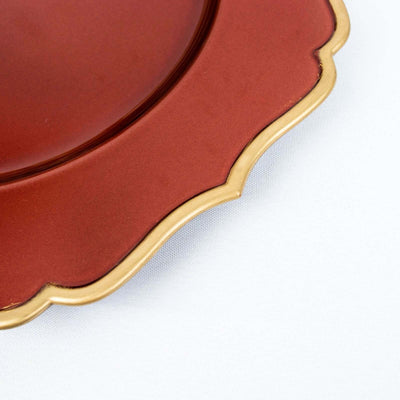 6-Pack Acrylic Charger Plates 13" Round Terracotta (Rust) with Gold Scalloped Rim - Dinner Plastic Charger Tableware