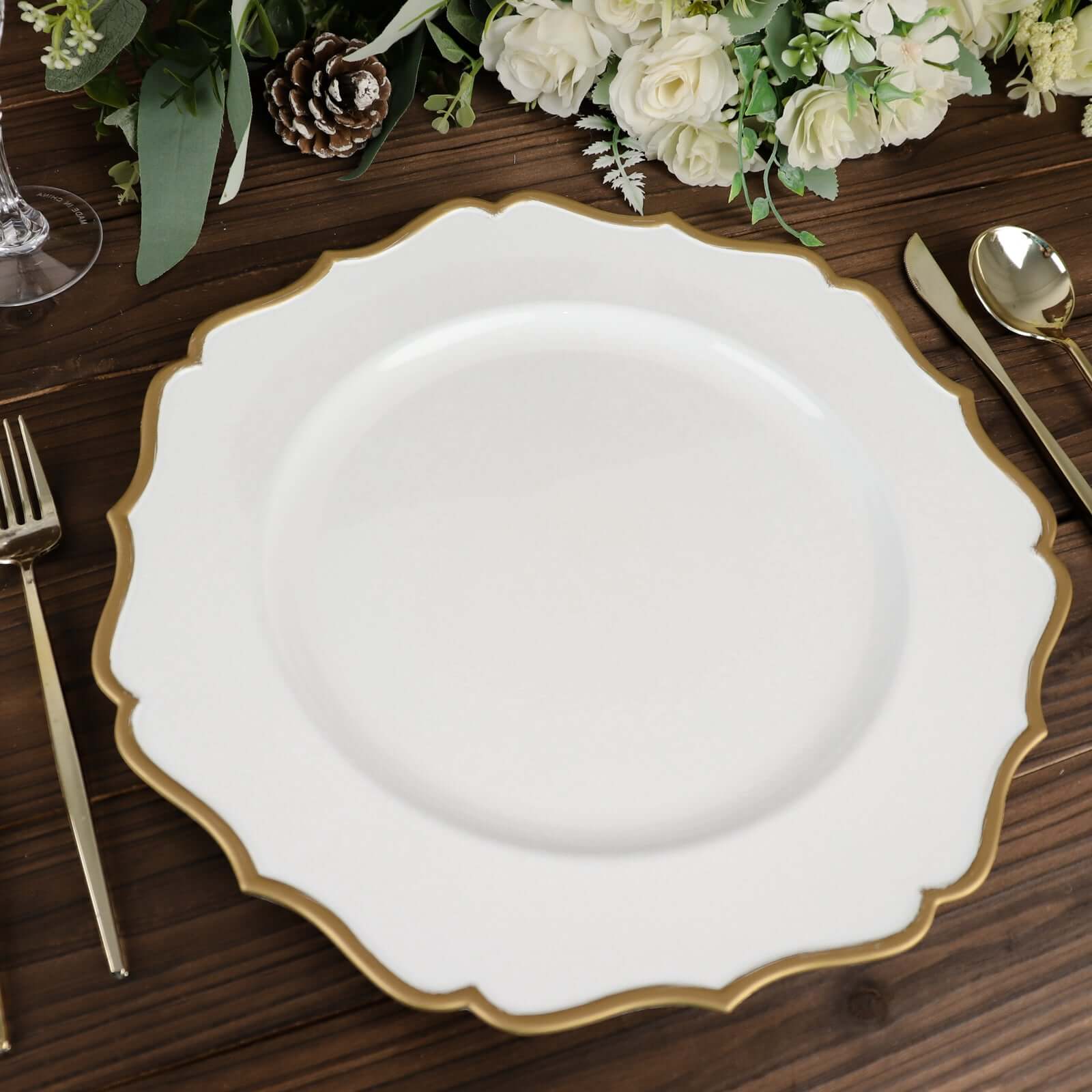 6-Pack White Gold Scalloped Charger Plates | eFavormart.com