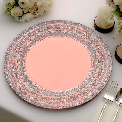 6-Pack Acrylic Charger Plates 13" Round Rose Gold Lace Embossed Rim - Rustic Plastic Charger Tableware