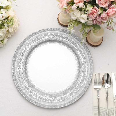 6-Pack Acrylic Charger Plates 13" Round Silver Lace Embossed Rim - Rustic Plastic Charger Tableware