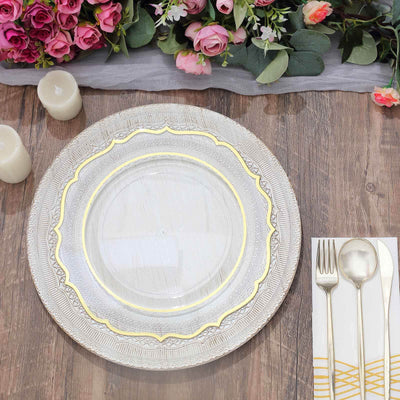 6-Pack Acrylic Charger Plates 13" Round White Lace Embossed Rim - Rustic Plastic Decorative Charger Tableware