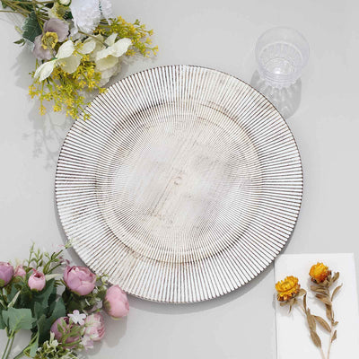 6-Pack Faux Wood Charger Plates 13" Round White Washed Embossed Sunray Pattern - Chic Plastic Decorative Chargers