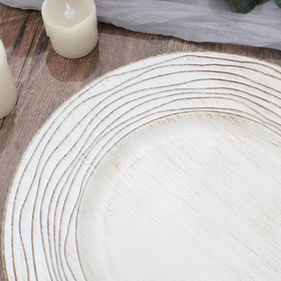 6-Pack Faux Wood Charger Plates 13" Round White Washed Rose Embossed Rim - Disposable Plastic Charger Tableware