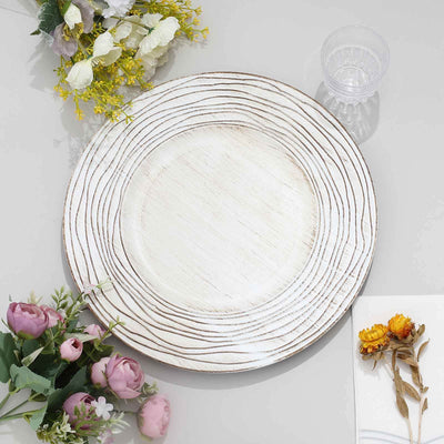 6-Pack Faux Wood Charger Plates 13" Round White Washed Rose Embossed Rim - Disposable Plastic Charger Tableware