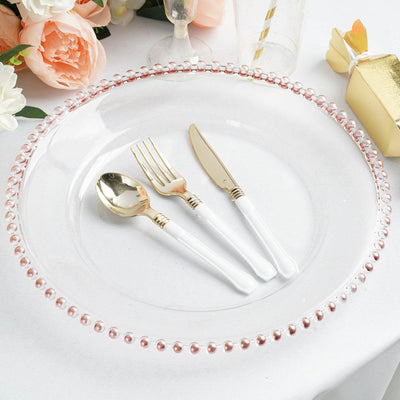 6-Pack Acrylic Charger Plates 13" Round Clear with Rose Gold Beaded Rim - Decorative Dinner Party Serving Plates