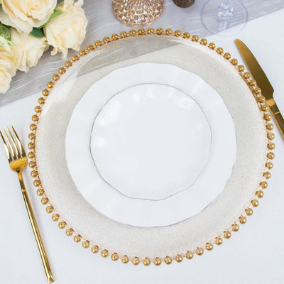 6-Pack Acrylic Charger Plates 13" Round Clear Gold Glittered with Beaded Rim - Decorative Dinner Party Serving Plates