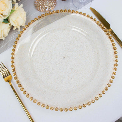 6-Pack Acrylic Charger Plates 13" Round Clear Gold Glittered with Beaded Rim - Decorative Dinner Party Serving Plates