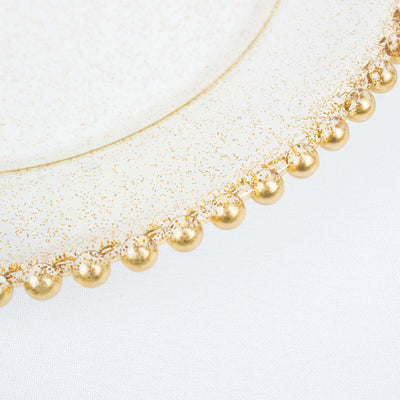 6-Pack Acrylic Charger Plates 13" Round Clear Gold Glittered with Beaded Rim - Decorative Dinner Party Serving Plates
