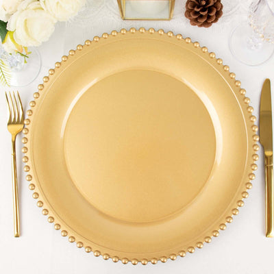 6-Pack Acrylic Charger Plates 13" Round Gold with Beaded Rim - Decorative Dinner Party Charger Tableware