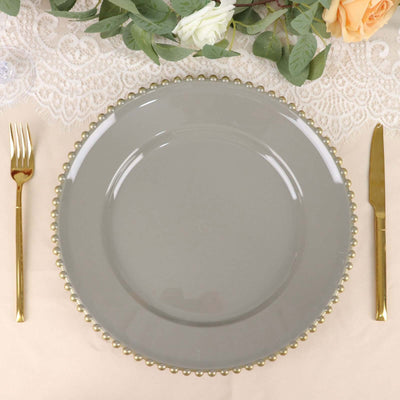 6-Pack Acrylic Charger Plates 13" Round Charcoal Gray with Gold Beaded Rim - Decorative Dinner Party Charger Tableware