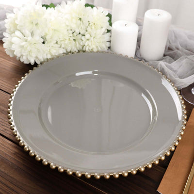 6-Pack Acrylic Charger Plates 13" Round Charcoal Gray with Gold Beaded Rim - Decorative Dinner Party Charger Tableware