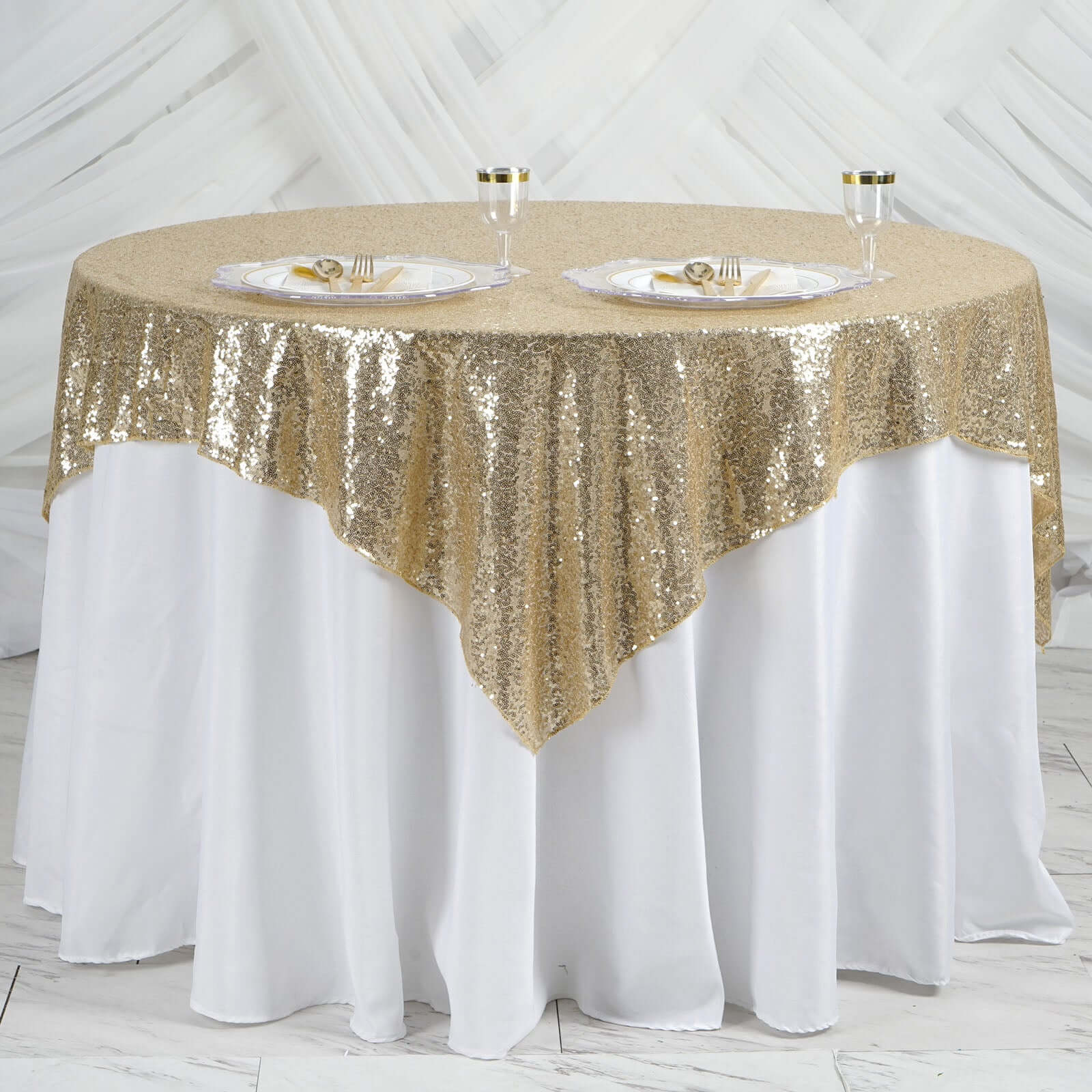 Champagne Duchess Sequin Square Table Overlay | eFavormart.com