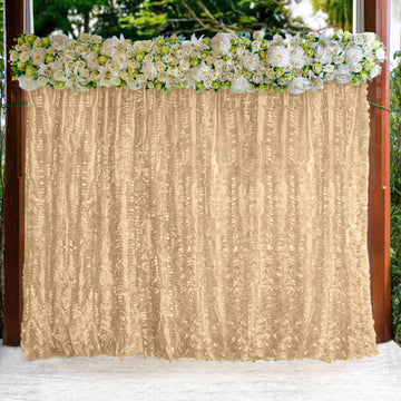Champagne 3D Leaf Petal Taffeta Backdrop Drape Curtain, Photo Booth Event Divider Panel With Rod Pocket - 8ftx8ft