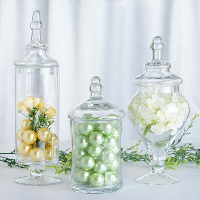 Set of 3 Clear Glass Candy Jars 9"/13"/14" Modern Apothecary Design with Snap-On Lids - Party Favor Containers for Events