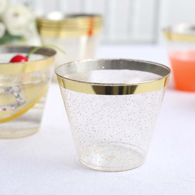 25-Pack Plastic Party Cups 9oz Clear/Gold Glittered Crystal with Gold Rim - Short Disposable Drink Tumblers