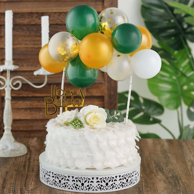 14 Pcs Confetti Balloon Cake Topper Clear, Gold, Hunter Green and White - Vibrant Clustered Mini Garland Cake Inserts for DIY Party Decorations