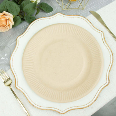 50-Pack Bagasse Round Dinner Plates 10" Natural with Ribbed Rim - Eco Friendly Disposable Sugarcane Party Plates for Gatherings