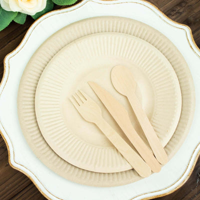 50-Pack Bagasse Round Dessert Plates 8" Natural with Ribbed Rim - Eco Friendly Disposable Sugarcane Appetizer/Salad Plates for Parties