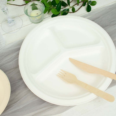 50-Pack Bagasse Round Dinner Plates 10" White with 3-Compartments - Eco Friendly Disposable Sugarcane Divided Plates for Meal Prep & Portion Control